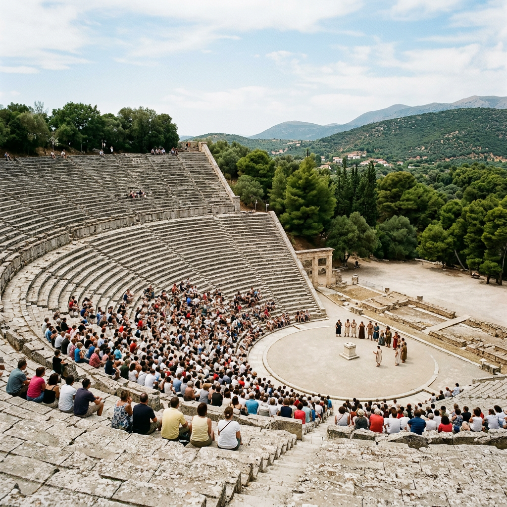 Crowd watching a play in an ancient Greek stone amphitheater surrounded by greenery and hills